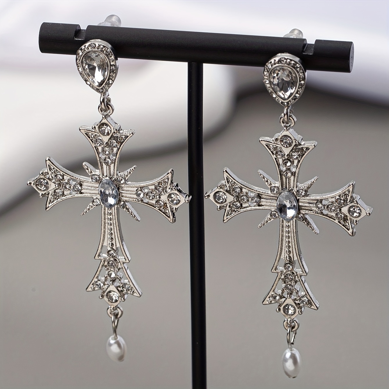 925 Silvery Posts Cross Pendant Earrings